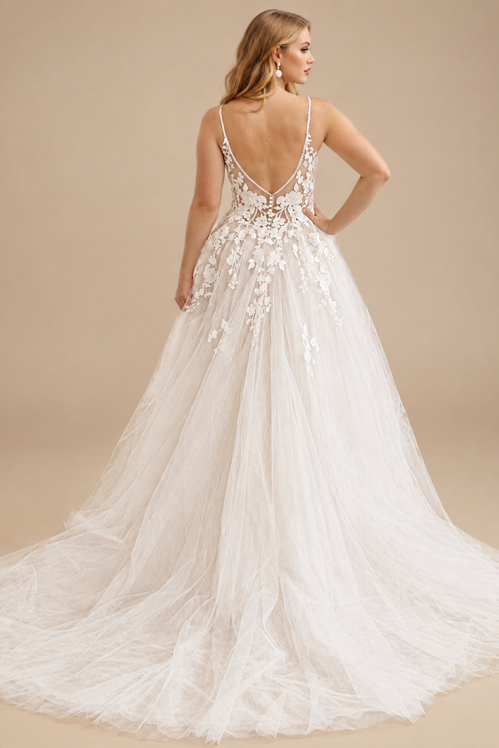 Rutipo As Picture A-Line V-Neck Sleeveless Tulle Plus Size Wedding Dresses With Appliques Lace/High Split