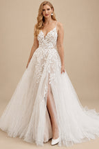 Rutipo As Picture A-Line V-Neck Sleeveless Tulle Plus Size Wedding Dresses With Appliques Lace/High Split