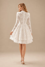 Rutipo Ivory A-Line High Neck Long Sleeves Asymmetrical Lace/Tulle Wedding Dresses