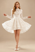 Rutipo Ivory A-Line High Neck Long Sleeves Asymmetrical Lace/Tulle Wedding Dresses