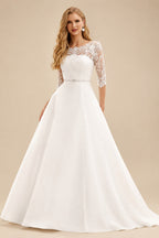 Rutipo Ivory A-Line Off-The-Shoulder 1/2 Sleeves Satin Wedding Dresses With Lace