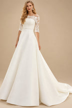 Rutipo Ivory A-Line Off-The-Shoulder 1/2 Sleeves Satin Wedding Dresses With Lace