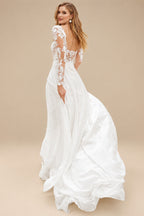 Rutipo Ivory A-Line Scoop Neck Long Sleeves Chiffon Wedding Dresses With Lace