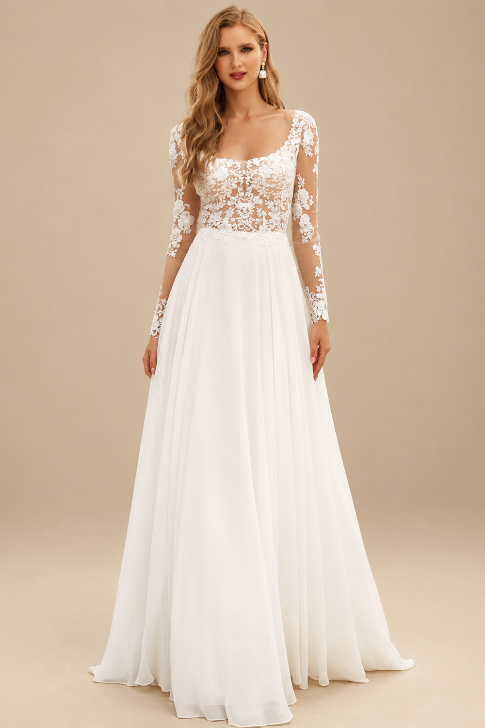 Rutipo Ivory A-Line Scoop Neck Long Sleeves Chiffon Wedding Dresses With Lace