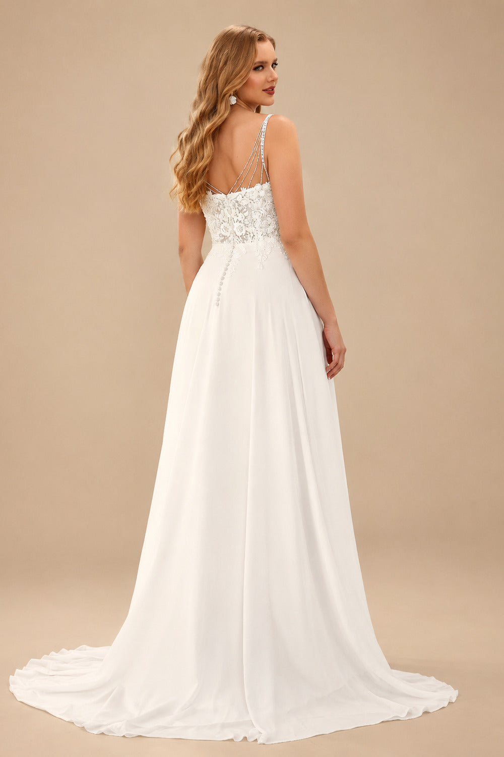 Rutipo Ivory A-Line V-Neck Sleeveless Sweep Train Chiffon Plus Size Wedding Dresses With Lace