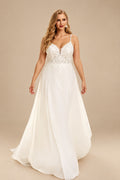 Rutipo Ivory A-Line V-Neck Sleeveless Sweep Train Chiffon Plus Size Wedding Dresses With Lace