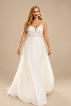Rutipo Ivory A-Line V-Neck Sleeveless Sweep Train Chiffon Plus Size Wedding Dresses With Lace