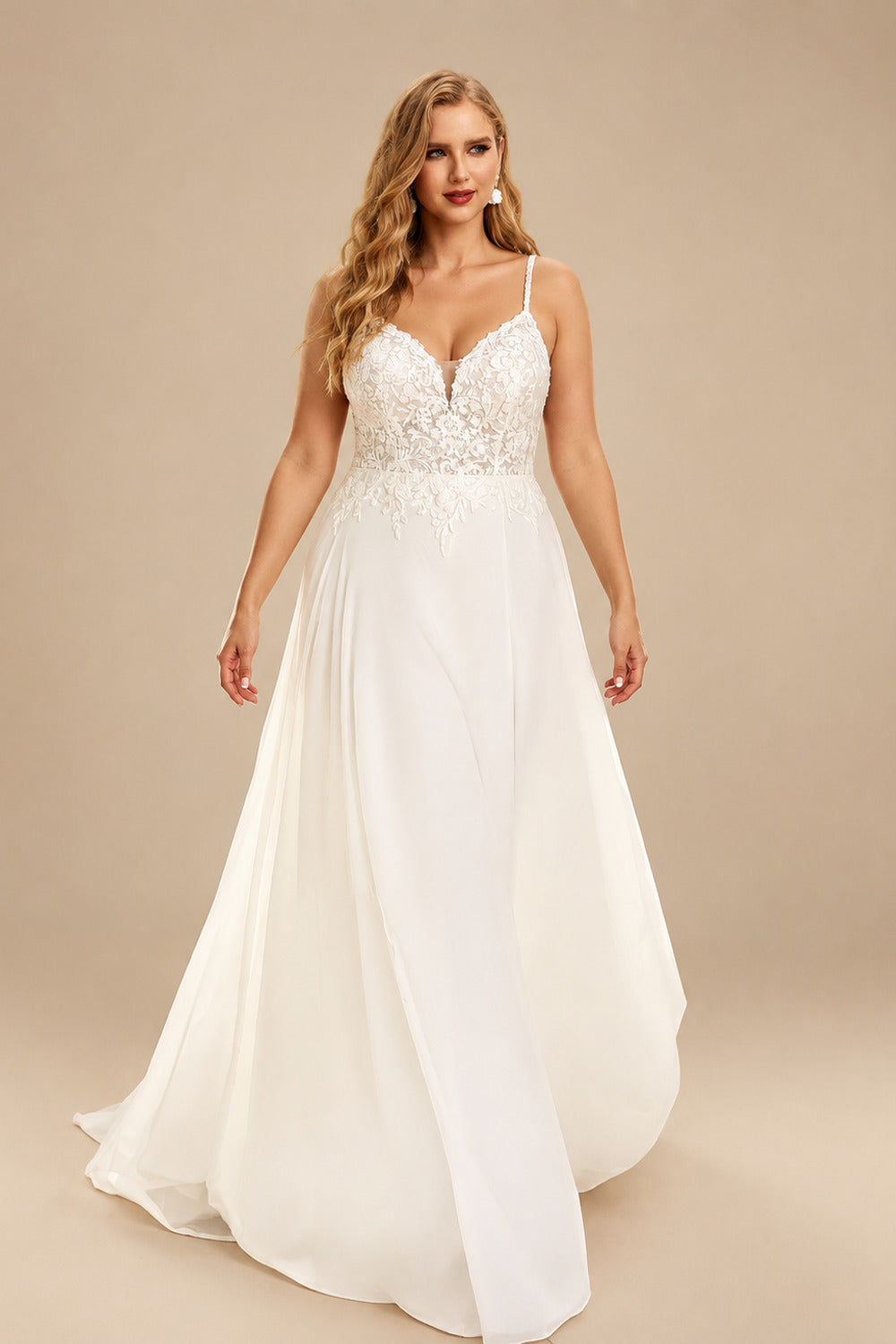 Rutipo Ivory A-Line V-Neck Sleeveless Sweep Train Chiffon Plus Size Wedding Dresses With Lace