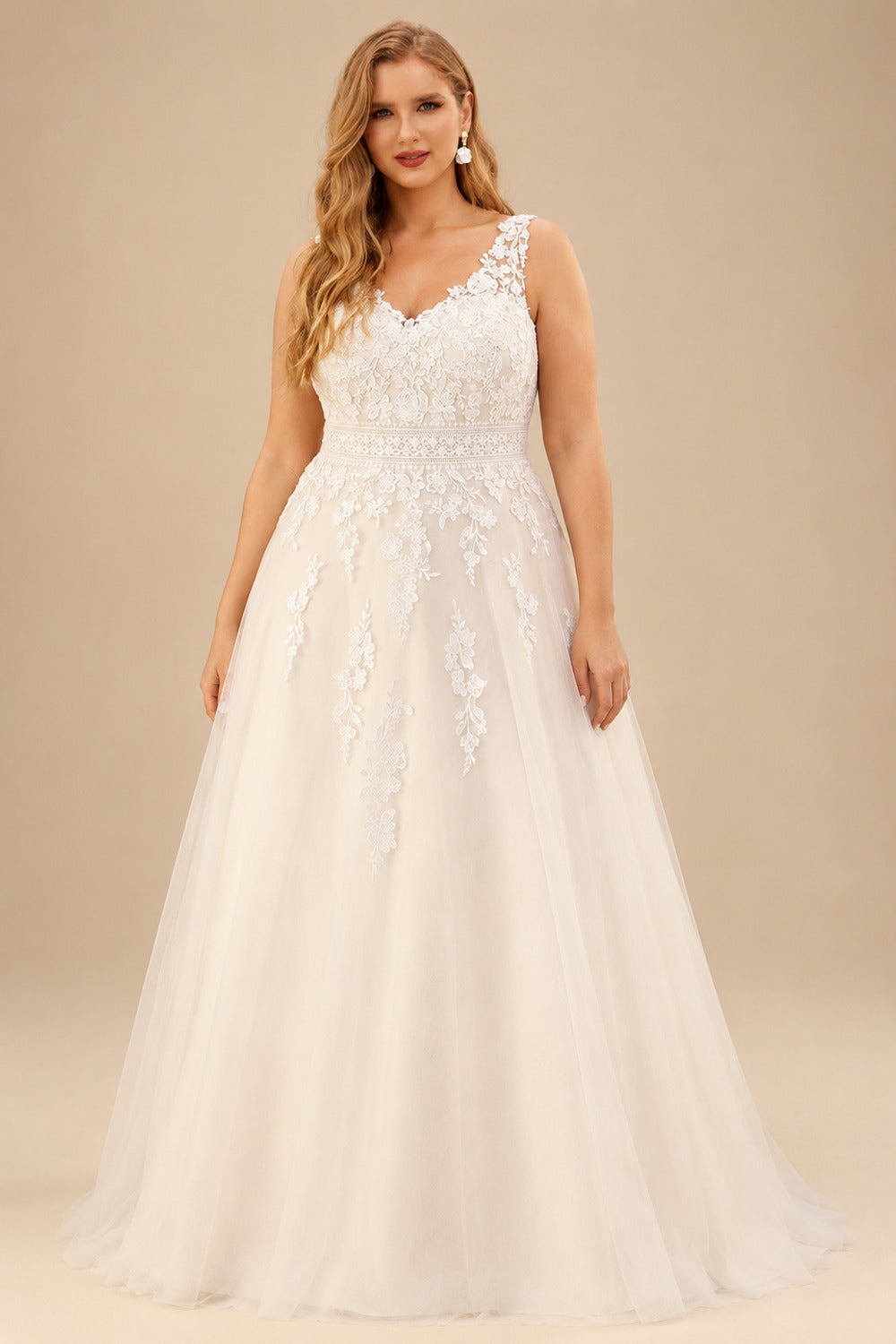 Rutipo Ivory A-Line V-Neck Sleeveless Court Train Lace/Tulle Plus Size Wedding Dresses