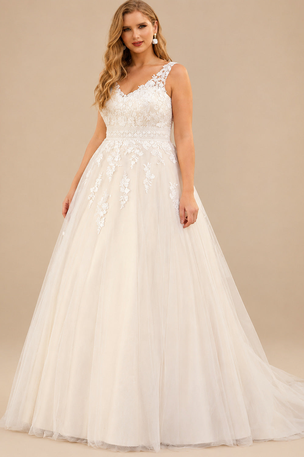 Rutipo Ivory A-Line V-Neck Sleeveless Court Train Lace/Tulle Plus Size Wedding Dresses