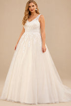 Rutipo Ivory A-Line V-Neck Sleeveless Court Train Lace/Tulle Plus Size Wedding Dresses
