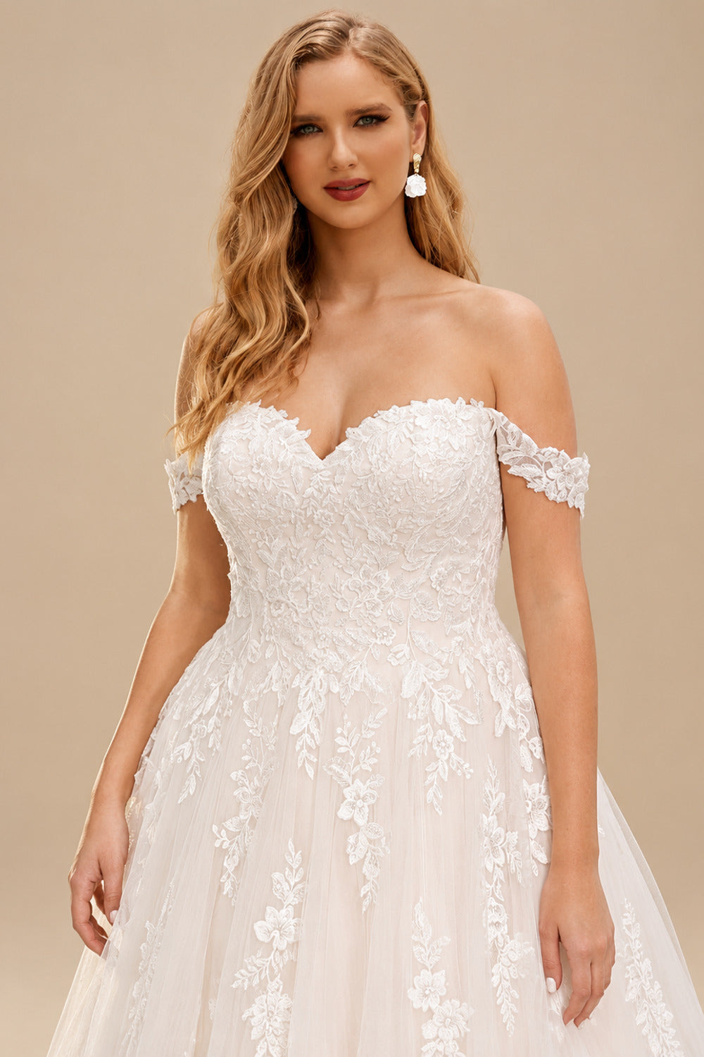 Rutipo Ivory A-Line Off-The-Shoulder Sleeveless Sweep Train Lace/Tulle Plus Size Wedding Dresses