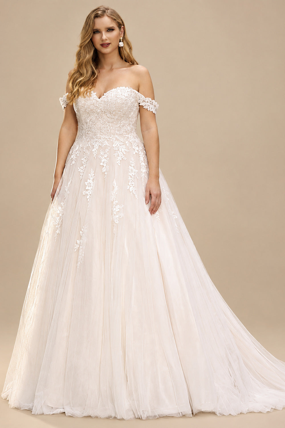 Rutipo Ivory A-Line Off-The-Shoulder Sleeveless Sweep Train Lace/Tulle Plus Size Wedding Dresses