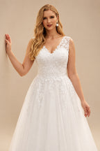 Rutipo Ivory A-Line V-Neck Sleeveless Sweep Train Lace/Tulle Plus Size Wedding Dresses