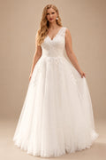 Rutipo Ivory A-Line V-Neck Sleeveless Sweep Train Lace/Tulle Plus Size Wedding Dresses