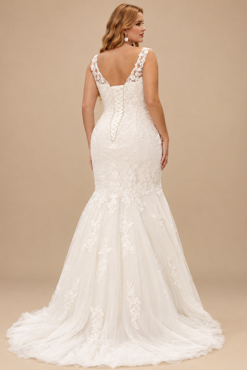 Rutipo Ivory Trumpet/Mermaid V-Neck Sleeveless Sweep Train Lace/Tulle Wedding Dresses