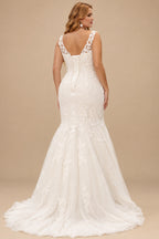 Rutipo Ivory Trumpet/Mermaid V-Neck Sleeveless Sweep Train Lace/Tulle Wedding Dresses