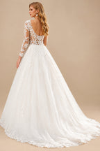 Rutipo Ivory Ball-Gown V-Neck Long Sleeves Sweep Train Lace/Tulle Wedding Dresses