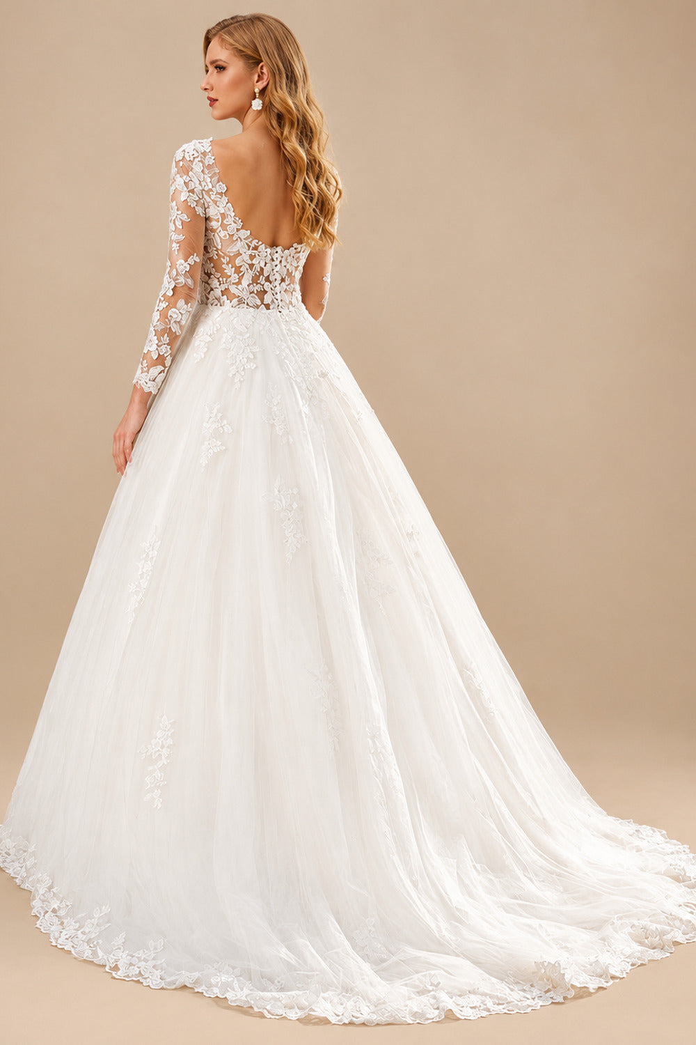 Rutipo Ivory Ball-Gown V-Neck Long Sleeves Sweep Train Lace/Tulle Wedding Dresses