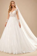 Rutipo Ivory Ball-Gown V-Neck Long Sleeves Sweep Train Lace/Tulle Wedding Dresses