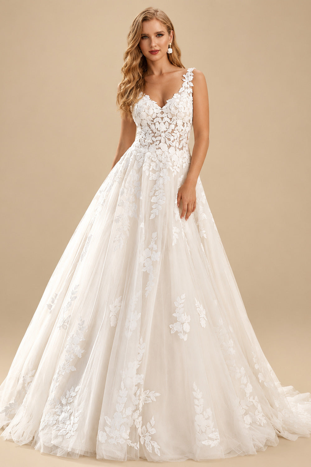 Rutipo Ivory Ball-Gown V-Neck Sleeveless Sweep Train Lace/Tulle Wedding Dresses