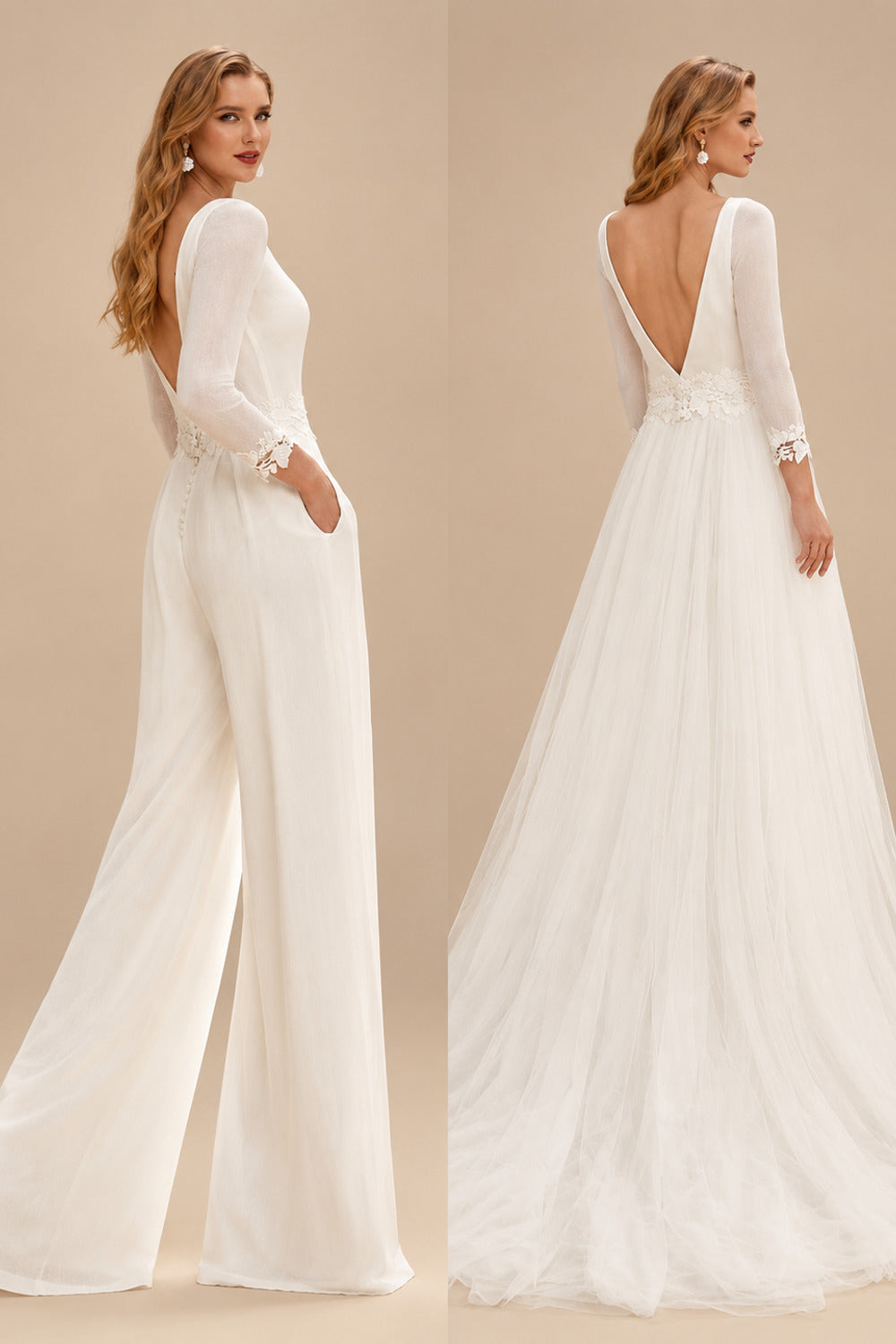 Rutipo Ivory Jumpsuit/Pantsuit Scoop Neck Tulle/Silk Like Satin Wedding Dresses With Lace