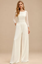 Rutipo Ivory Jumpsuit/Pantsuit Scoop Neck Tulle/Silk Like Satin Wedding Dresses With Lace