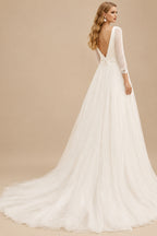 Rutipo Ivory Jumpsuit/Pantsuit Scoop Neck Tulle/Silk Like Satin Wedding Dresses With Lace