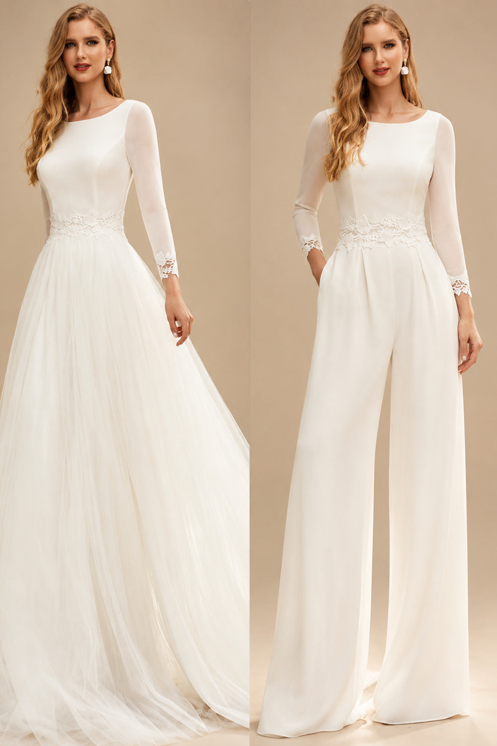 Rutipo Ivory Jumpsuit/Pantsuit Scoop Neck Tulle/Silk Like Satin Wedding Dresses With Lace