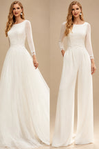 Rutipo Ivory Jumpsuit/Pantsuit Scoop Neck Tulle/Silk Like Satin Wedding Dresses With Lace