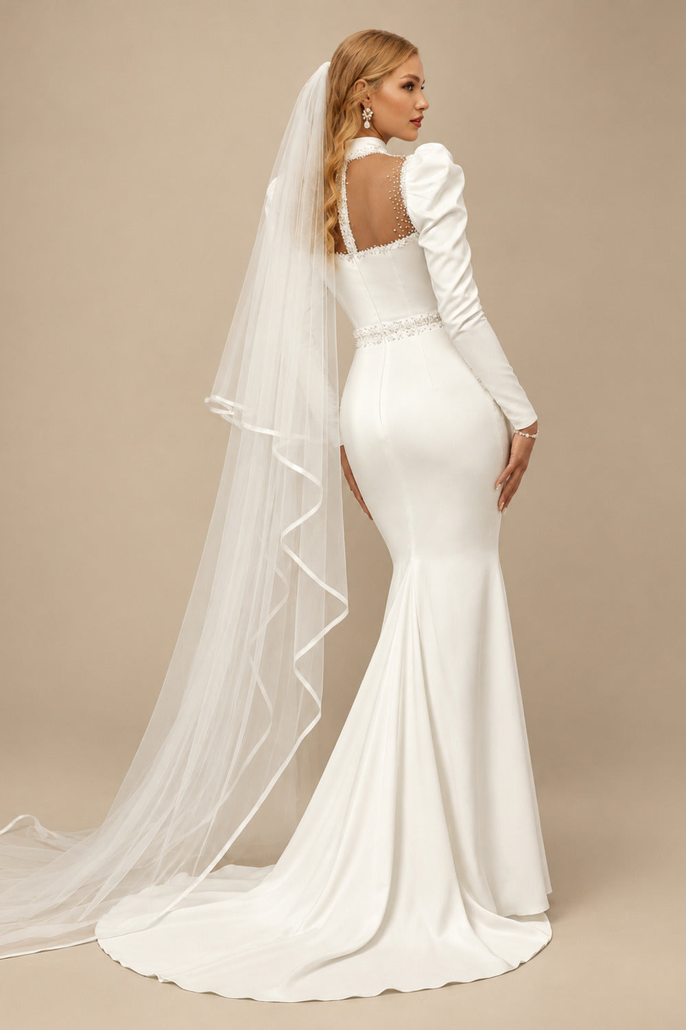 Rutipo Ivory Trumpet/Mermaid High Neck Long Sleeves Matte Satin Wedding Dresses With Beading