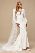 Rutipo Ivory Trumpet/Mermaid High Neck Long Sleeves Matte Satin Wedding Dresses With Beading