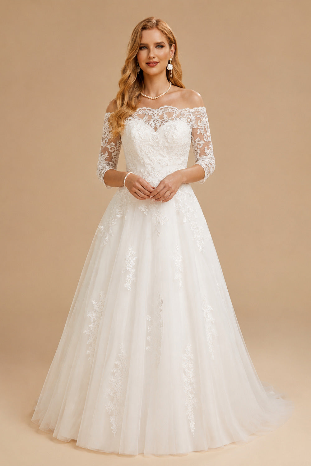 Rutipo Ivory A-Line Off-The-Shoulder 1/2 Sleeves Tea-Length Lace Wedding Dresses