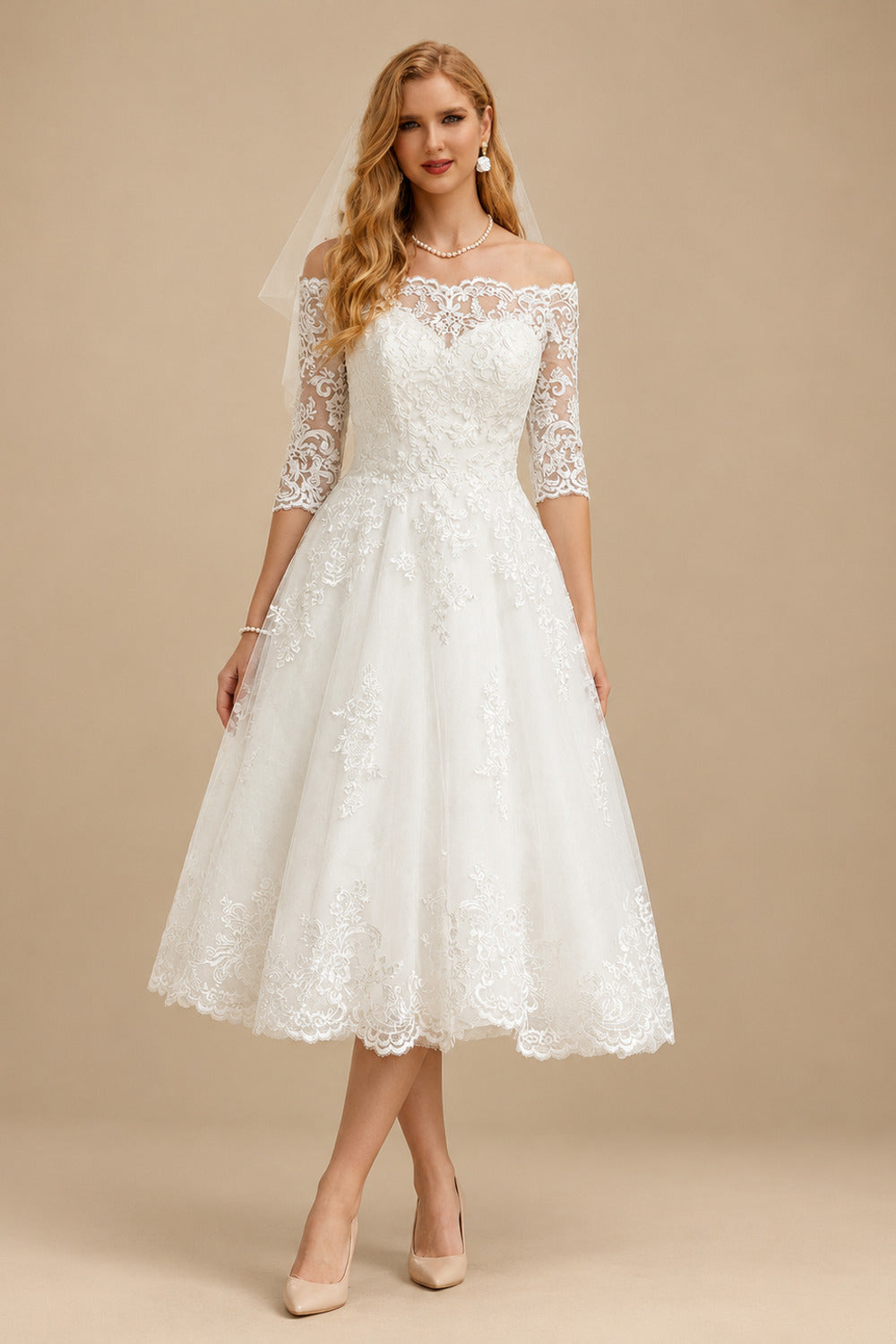 Rutipo Ivory A-Line Off-The-Shoulder 1/2 Sleeves Tea-Length Lace Wedding Dresses