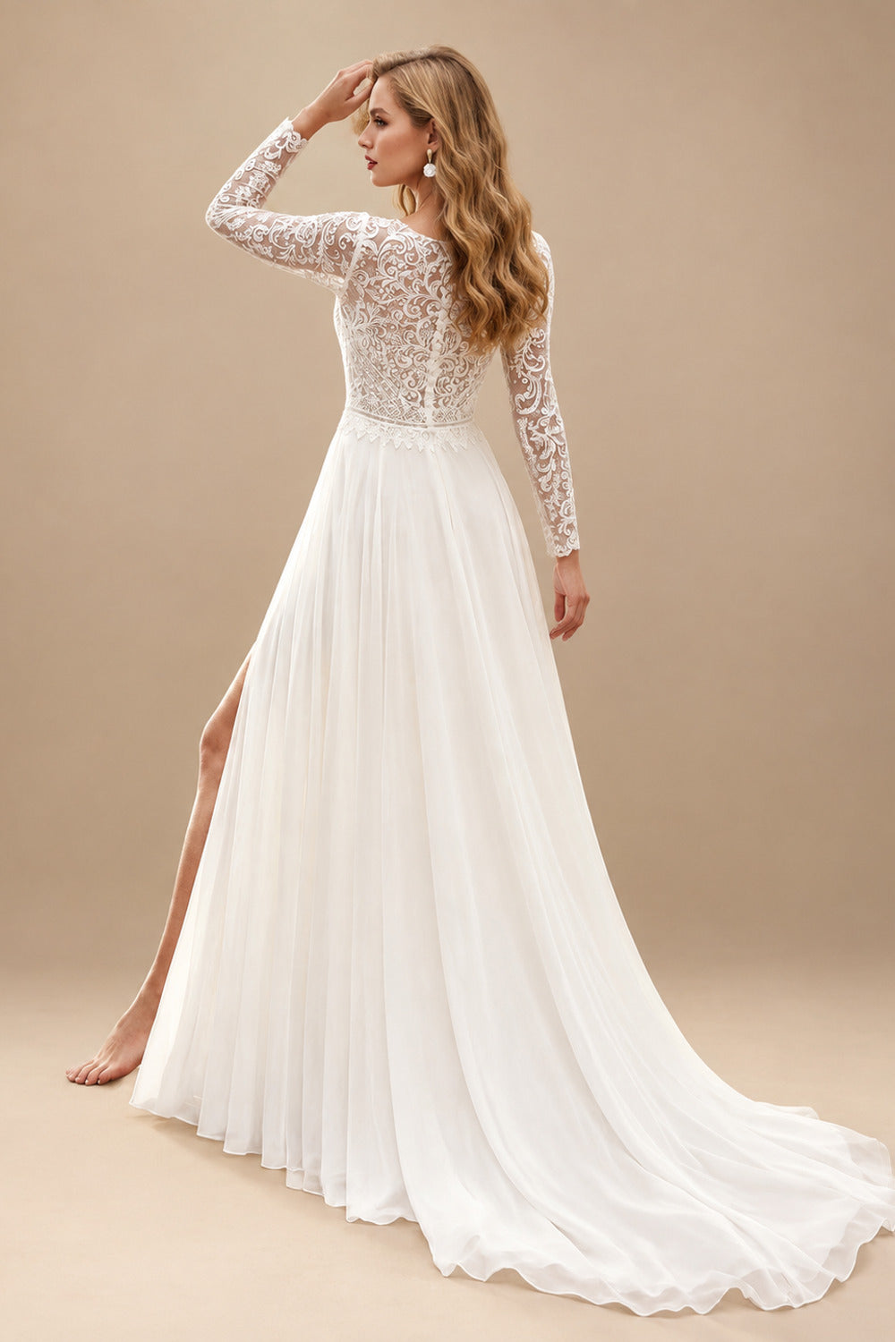 Rutipo Ivory Plus Size A-Line V-Neck Court Train Chiffon Wedding Dresses With Lace/High Split