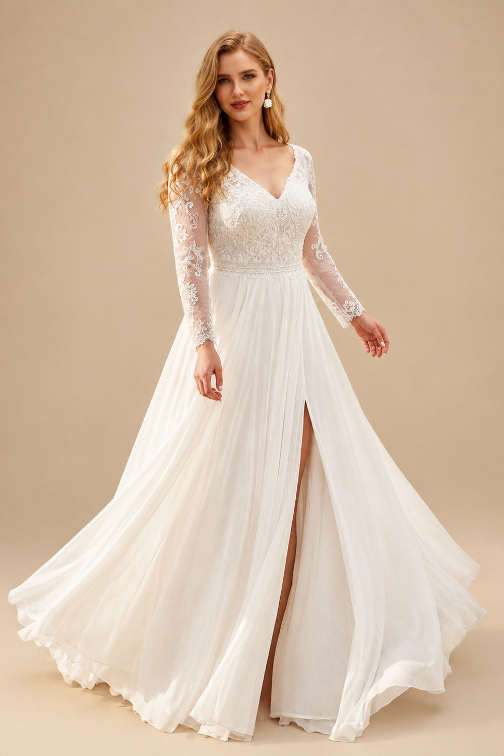 Rutipo Ivory Plus Size A-Line V-Neck Court Train Chiffon Wedding Dresses With Lace/High Split