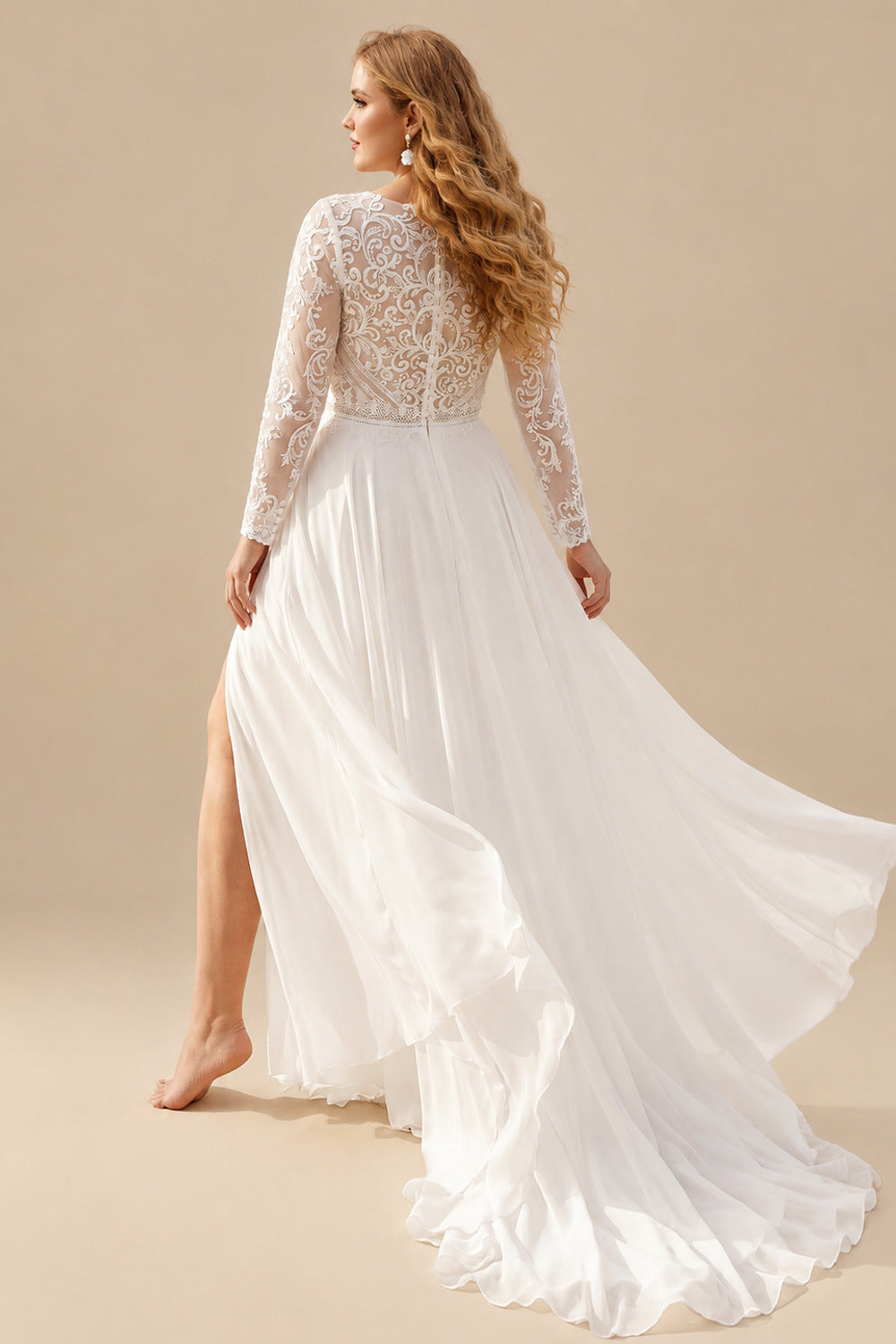 Rutipo Ivory Plus Size A-Line V-Neck Court Train Chiffon Wedding Dresses With Lace/High Split