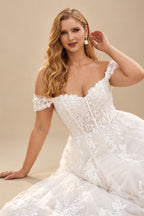 Rutipo Ivory Plus Size A-Line Off-The-Shoulder Sweep Train Tulle Wedding Dresses With Lace