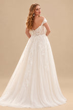 Rutipo Ivory Plus Size A-Line Off-The-Shoulder Sweep Train Tulle Wedding Dresses With Lace