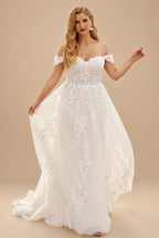 Rutipo Ivory Plus Size A-Line Off-The-Shoulder Sweep Train Tulle Wedding Dresses With Lace