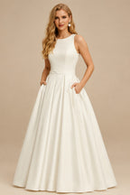 Rutipo Ivory Plus Size Ball-Gown Scoop Neck Satin Wedding Dresses With Pockets/Lace
