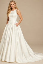 Rutipo Ivory Plus Size Ball-Gown Scoop Neck Satin Wedding Dresses With Pockets/Lace
