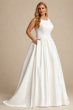 Rutipo White Plus Size Ball-Gown Scoop Neck Satin Wedding Dresses With Pockets/Lace