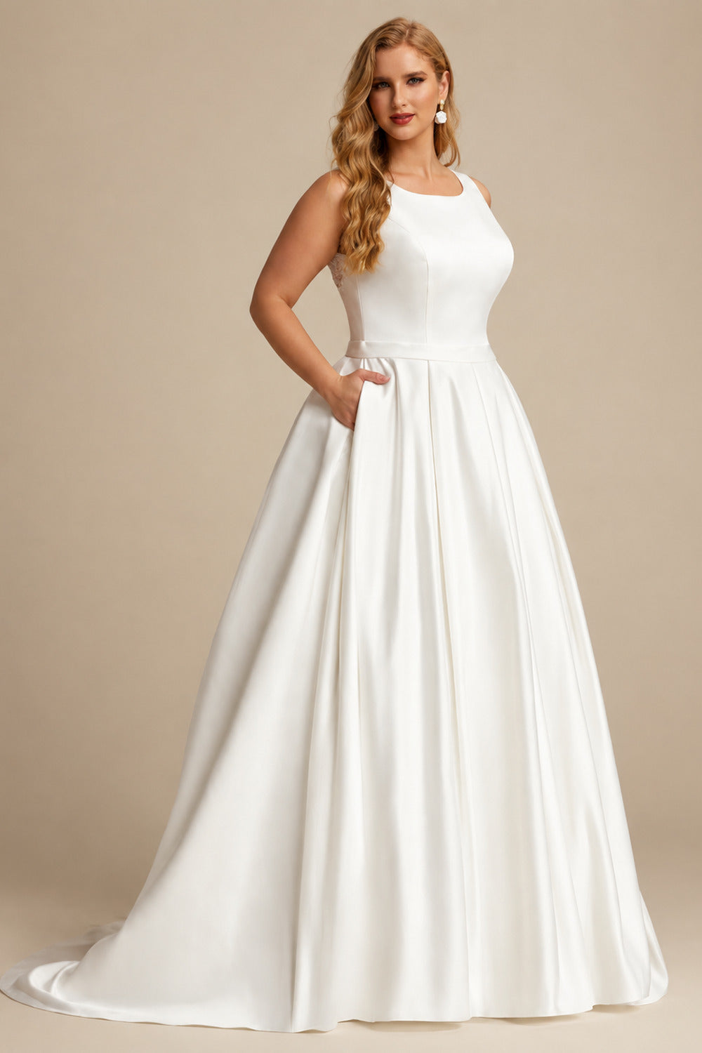 Rutipo White Plus Size Ball-Gown Scoop Neck Satin Wedding Dresses With Pockets/Lace
