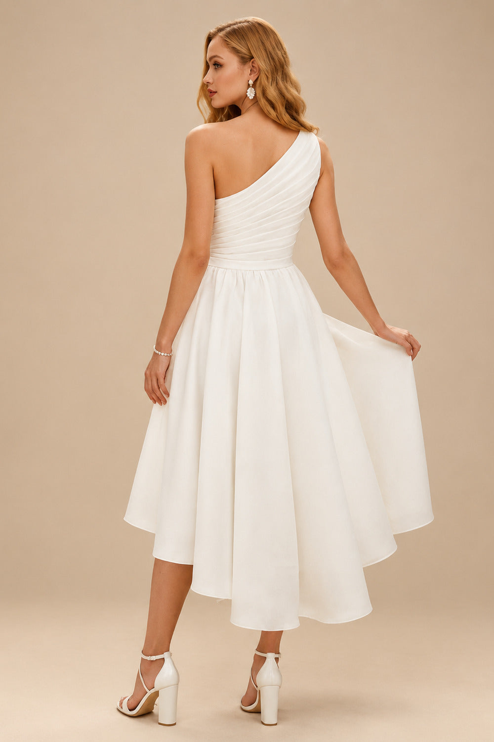 Rutipo Ivory A-Line One-Shoulder Sleeveless Short/Mini Satin Wedding Dresses