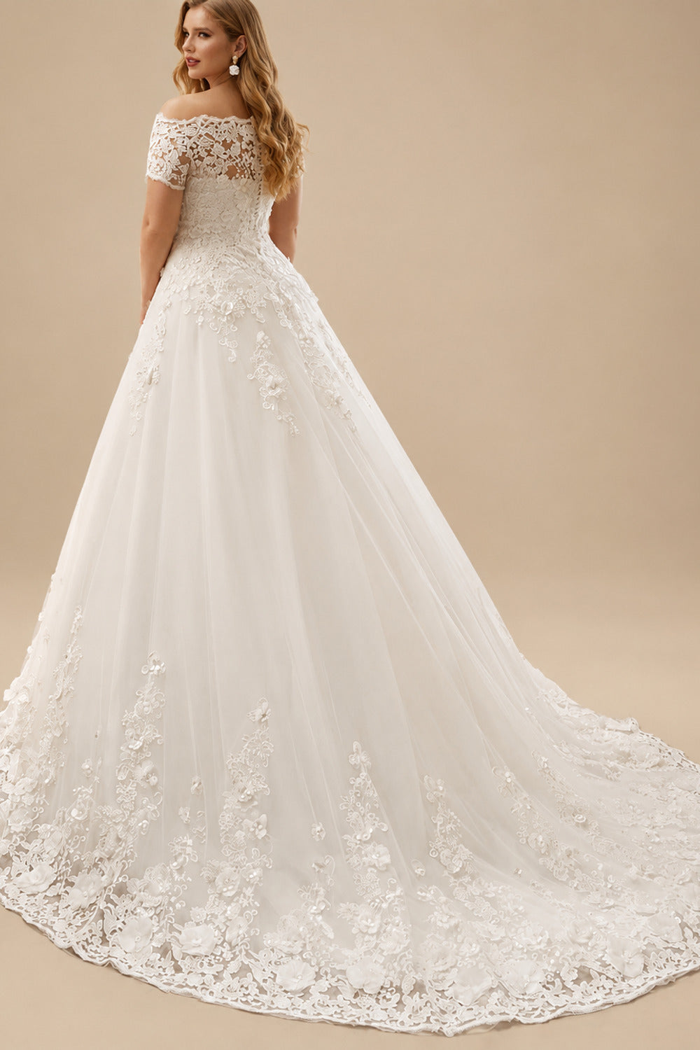Rutipo Ivory Plus Size A-Line Off-The-Shoulder Court Train Tulle Wedding Dresses With Lace