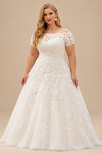Rutipo Ivory Plus Size A-Line Off-The-Shoulder Court Train Tulle Wedding Dresses With Lace
