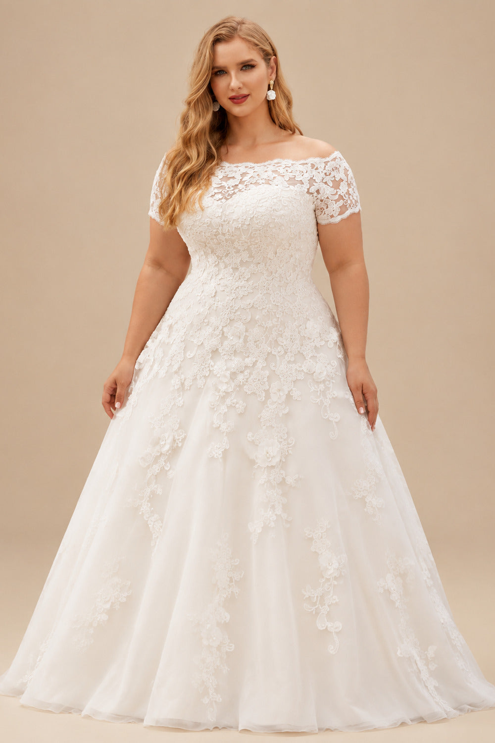 Rutipo Ivory Plus Size A-Line Off-The-Shoulder Court Train Tulle Wedding Dresses With Lace