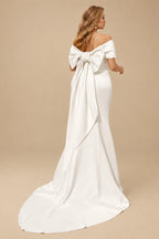 Rutipo Ivory Plus Size Trumpet/Mermaid Off-The-Shoulder Satin Wedding Dresses With Bow(s)