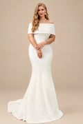 Rutipo Ivory Plus Size Trumpet/Mermaid Off-The-Shoulder Satin Wedding Dresses With Bow(s)